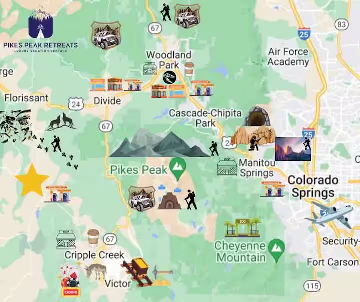 Map of attractions near Pikes Peak Retreats cabins